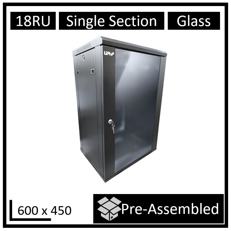 LDR Assembled 18U Wall Mount Cabinet (600mm x 450mm) Glass Door - Black Metal Construction - Top Fan Vents - Side Access Pane