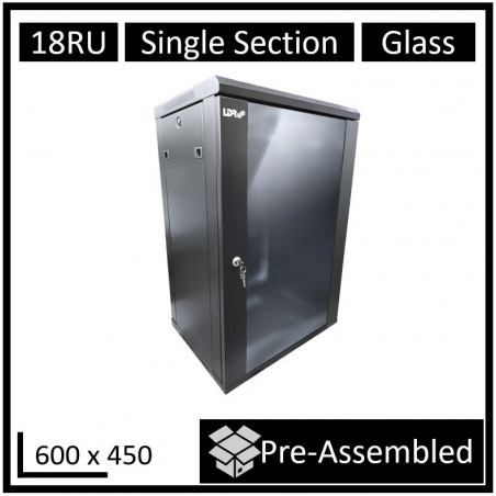 LDR Assembled 18U Wall Mount Cabinet (600mm x 450mm) Glass Door - Black Metal Construction - Top Fan Vents - Side Access Pane