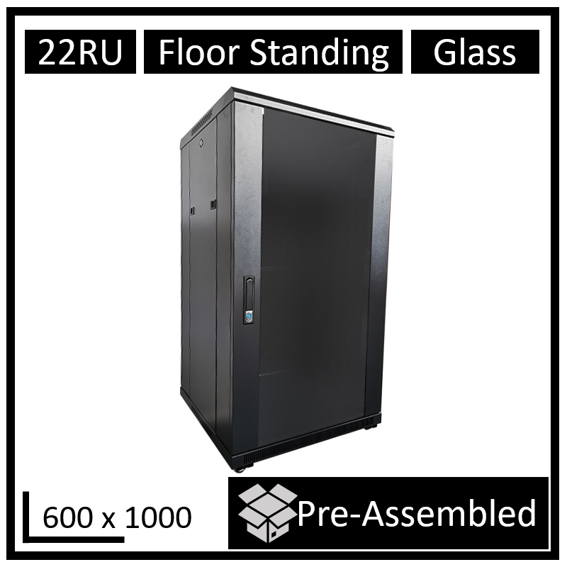 LDR Assembled 22U Server Rack Cabinet (L600mm x W1000mm x H1070mm), Glass Door,1x 8-Port PDU, 1x 4-Way Fan, 2x Fixed Shelves 