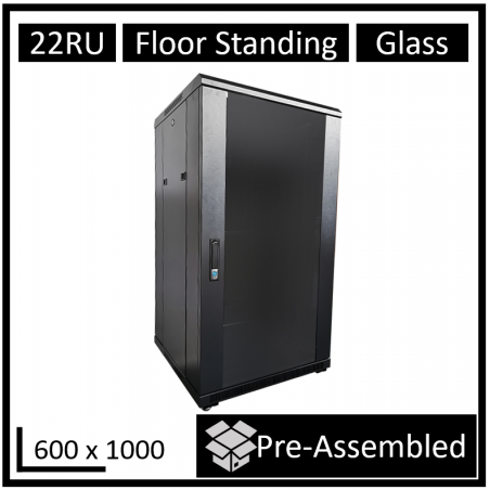 LDR Assembled 22U Server Rack Cabinet (L600mm x W1000mm x H1070mm), Glass Door,1x 8-Port PDU, 1x 4-Way Fan, 2x Fixed Shelves 