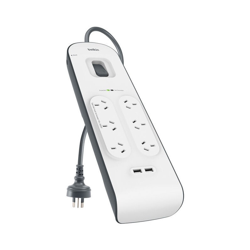 Belkin SurgePlus 6-Outlet Surge Protector With 2x USB Port 2.4 Amp (BSV604au2M) - Heavy Duty 2M Power Cord, 650 Joules, $3000