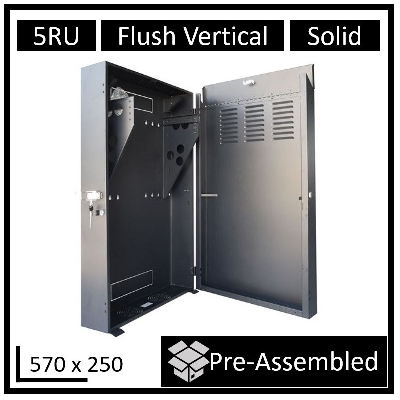 LDR Assembled 5U Flush Wall Mount Vertical Cabinet (570mm x 250mm) - 4U Rack For Gear & 2U Mount For Patch Panels - Black Met
