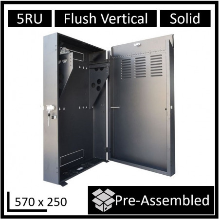 LDR Assembled 5U Flush Wall Mount Vertical Cabinet (570mm x 250mm) - 4U Rack For Gear & 2U Mount For Patch Panels - Black Met