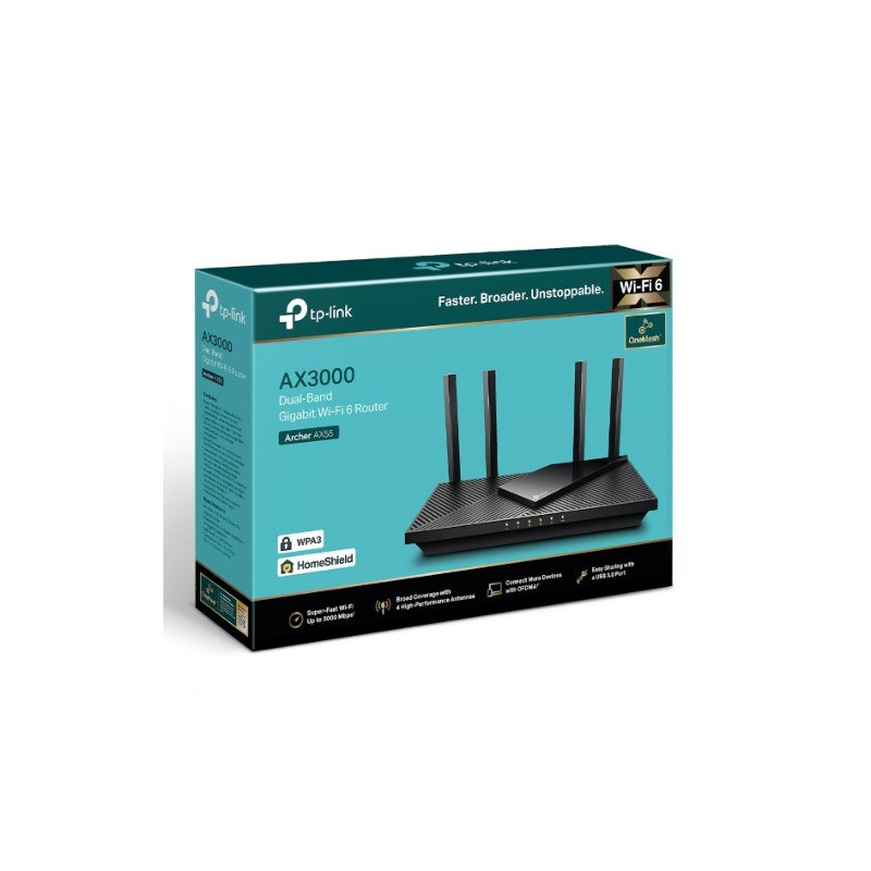 TP-Link Archer AX55 AX3000 Dual Band Gigabit Wi-Fi 6 Router, 2402 Mbps 5GHz, OFDMA, OneMesh, 4x High-Gain Antenna, Improved B