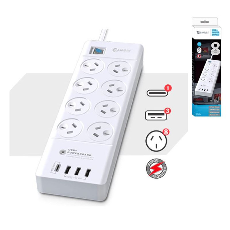 Sansai 8 Outlet 3*USB-A & 1*USB-C Powerboard Master On/Off switch Surge and overload protected 1M 20W 220-240V 10A IV Retail 