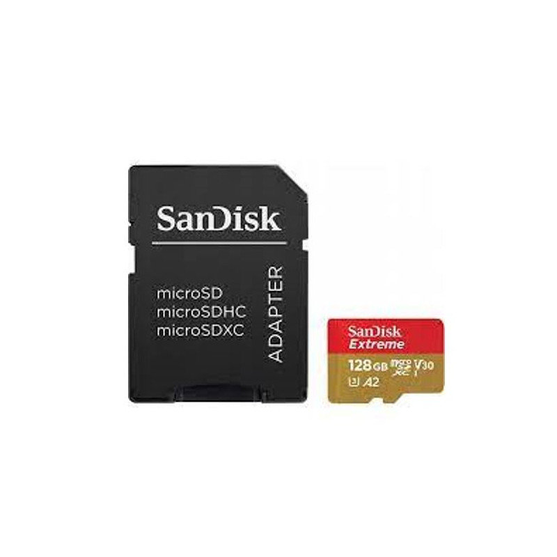 SanDisk Extreme microSDXC, SQXAA 128GB, V30, U3, C10, A2, UHS-I, 190MB/s R, 90MB/s W, 4x6, SD adaptor, Lifetime Limited, Acti