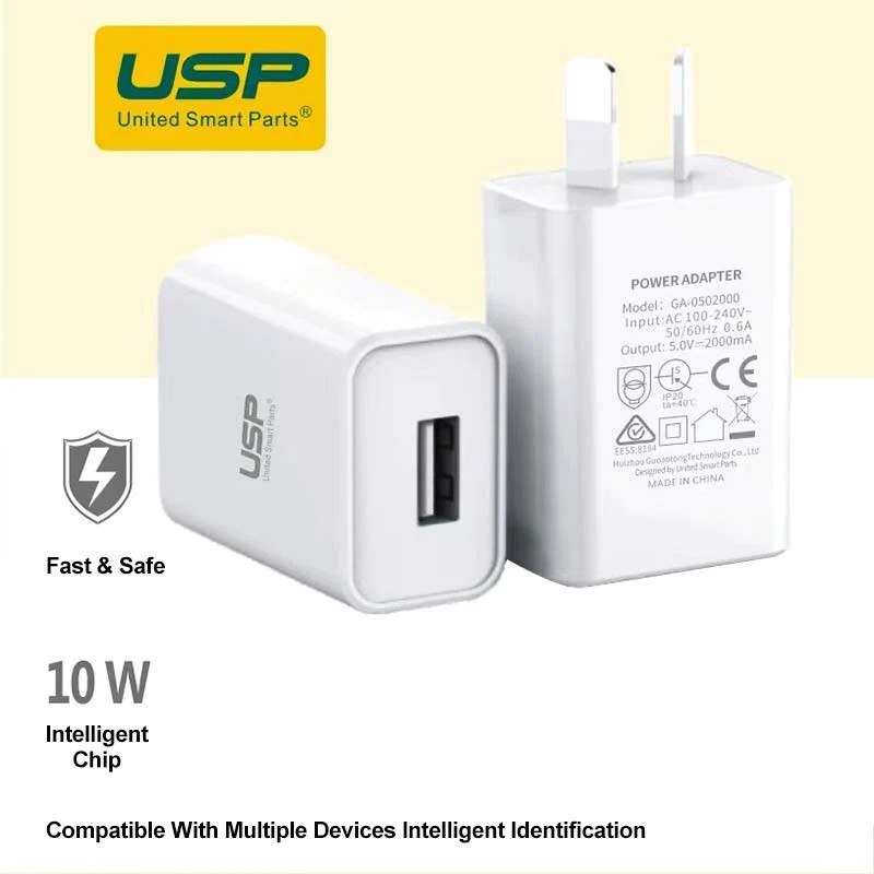 USP 10W USB-A Fast Wall Charger - White, Intelligent Chip, Smart Charging, Output Voltage DC5V/3A, Output Current 2A max, 5 Y
