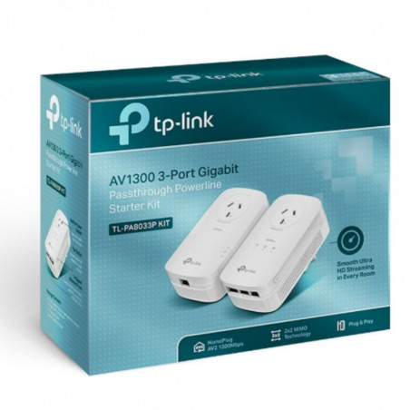 TP-Link TL-PA8033P KIT AV1300 Passthrough Powerline KIT, Qualcomm, 3 Gigabit Ports, 1300Mbps Powerline, 2*2 MIMO,  HomePl