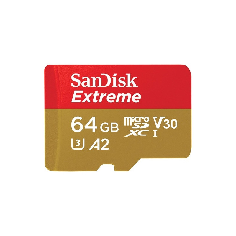 SanDisk Extreme microSDXC, SQXAH 64GB, V30, U3, C10, A2, UHS-I, 170MB/s R, 80MB/s W, 4x6, SD adaptor, Lifetime Limited, Actio