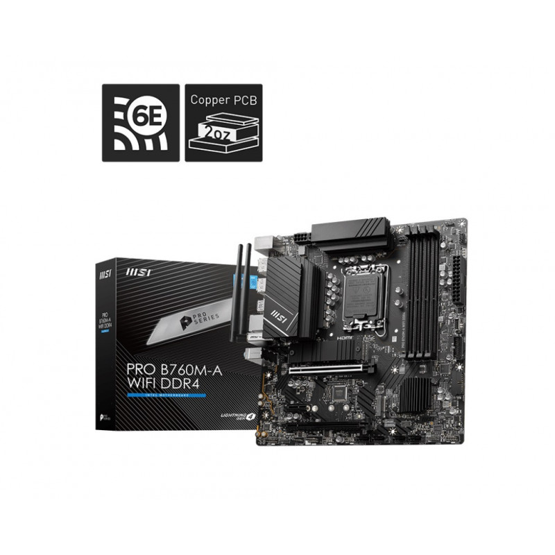 MSI PRO B760M-A WIFI DDR4 mATX Motherboard, 4x DDR4~128GB, 2x PCI-E x 16, 1x PCI-E x 1, 2x M.2, 4x SATA, 4x USB 3.2 , 2x USB 