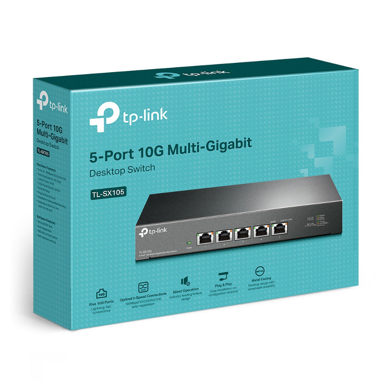 TP-Link TL-SX105 5-Port 10G Desktop Switch, up to 100 Gbps switching capacity, Auto-negotiation, Silent Operation, Metal Casi
