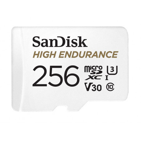 SanDisk High Endurance 256GB microSD 100MB/s 40MB/s 20K hrs 4K UHD C10 U3 V30 -40°C to 85°C Heat Freeze Shock Temperature W