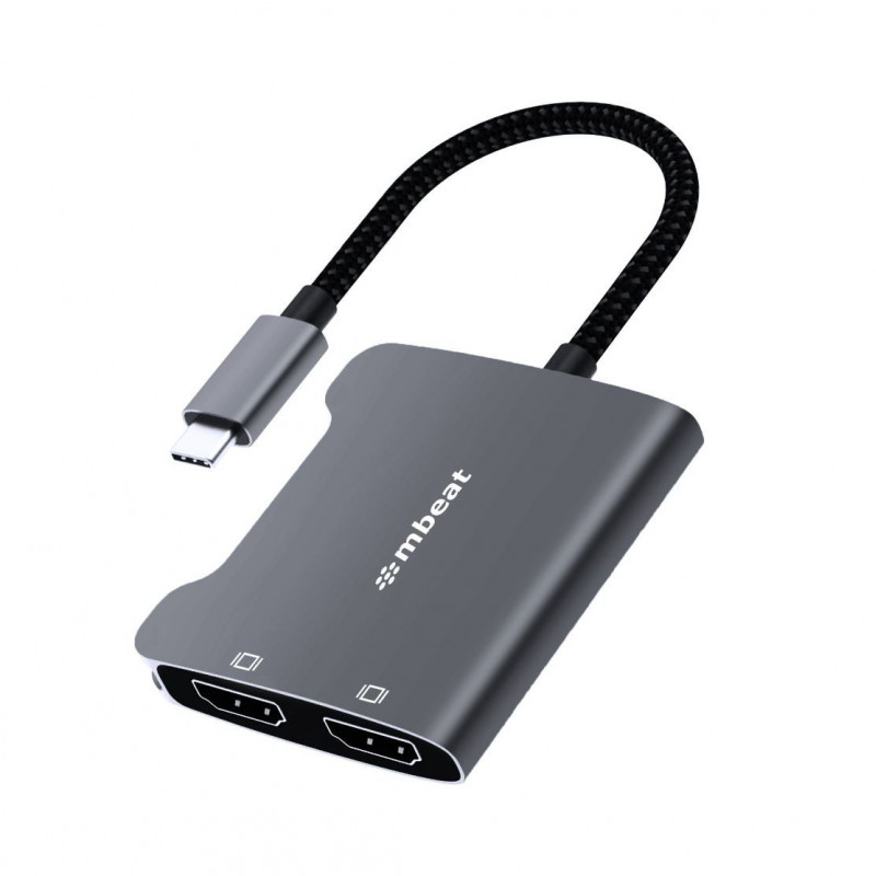 mbeat® Tough Link USB-C to Dual 4K HDMI Adapter DisplayPort Alt Mode HDMI USB-C Cable Legnth 17.5cm - Space Grey