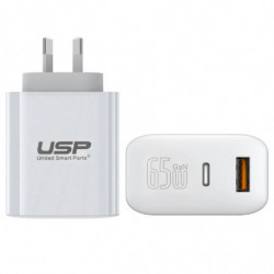 USP 65W Dual Port GaN Fast Wall Charger - White, 1xUSB-C(45W PD), 1xUSB-A(18W QC 3.0), Intelligent PPS Technology, 5 Years Wa