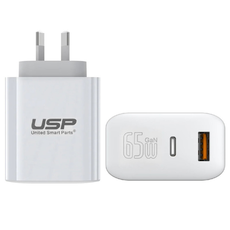 USP 65W Dual Port GaN Fast Wall Charger - White, 1xUSB-C(45W PD), 1xUSB-A(18W QC 3.0), Intelligent PPS Technology, 5 Years Wa