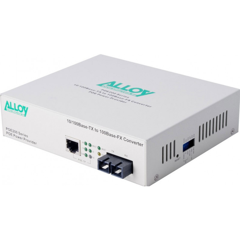 Alloy POE200SC PoE PSE Fast Ethernet Media Converter, has a 10/100Mbps PoE RJ-45 port and a SC terminated multimode fibre por