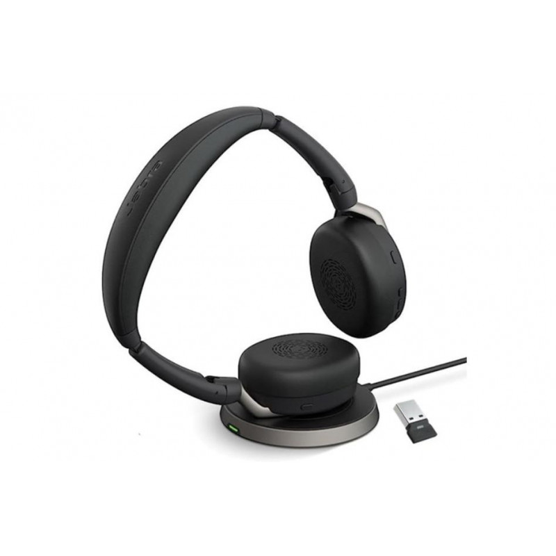 Jabra Evolve2 65 Flex MS Stereo Bluetooth Headset, Link380a USB-A Dongle & Wireless Charging Stand Foldable Design, 2Yr Warra
