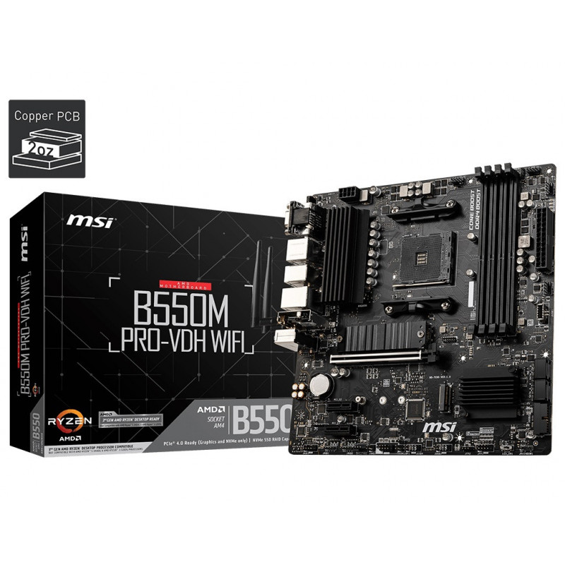MSI B550M PRO-VDH WIFI Motherboard AMD Ryzen AM4, 4xDDR4, support up to 128GB, 1xPCIe 4.0/3.0 x16 slot, 4xSATA 6Gb, 7xUSB3.2,