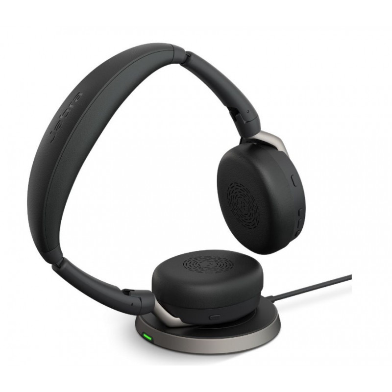 Jabra Evolve2 65 Flex UC Stereo Bluetooth Headset, Link380c USB-C Dongle & Wireless Charging Stand Included, Foldable Design,