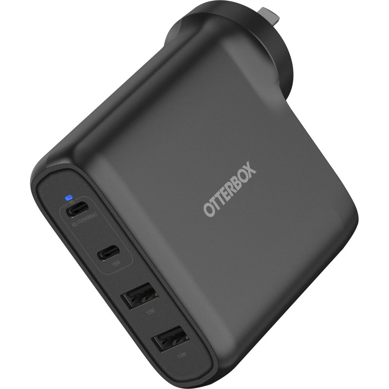 OtterBox 100W Four Port USB-C (Type I) PD Fast GaN Wall Charger - Black (78-81355), Dual USB-C (100W 18W), Dual USB-A (12W), 