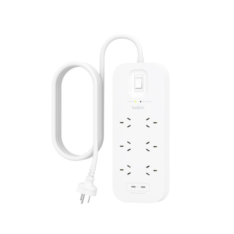 Belkin SurgePro 6-Outlet Surge Protector With Dual USB-C (30W) - White(SRB006AU2M), 2M Power Cord, 650 Joules, $50,000 CEW,  
