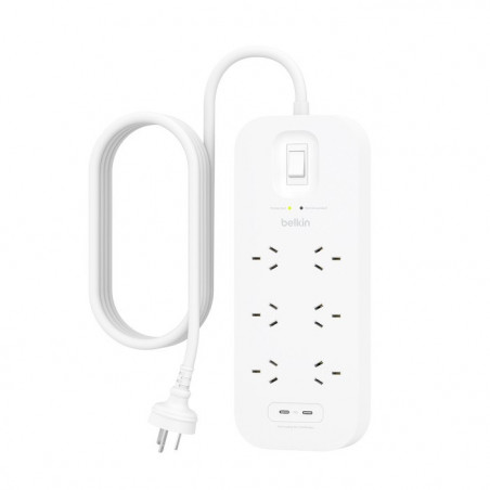 Belkin SurgePro 6-Outlet Surge Protector With Dual USB-C (30W) - White(SRB006AU2M), 2M Power Cord, 650 Joules, $50,000 CEW,  