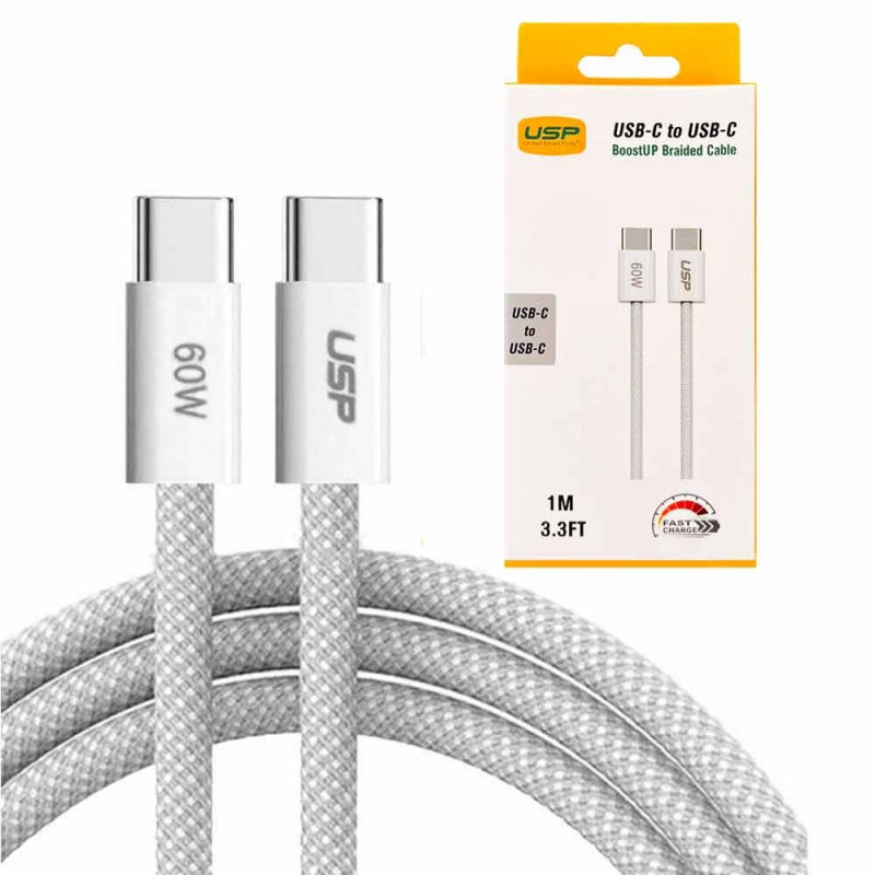 USP BoostUp Braided USB-C to USB-C Cable (1M) - White, 3A/60W, 480Mbps, 40K  Bends, Solid & Durable, Apple iPhone, Samsung Ga