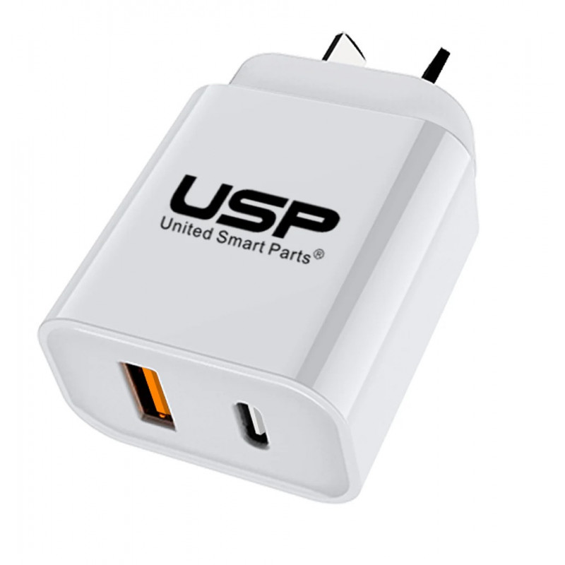 USP 20W Dual Port Fast Wall Charger - White, 1xUSB-C(20W PD), 1xUSB-A(18W QC 3.0), Compact and Lightweight, 5 Years Warranty