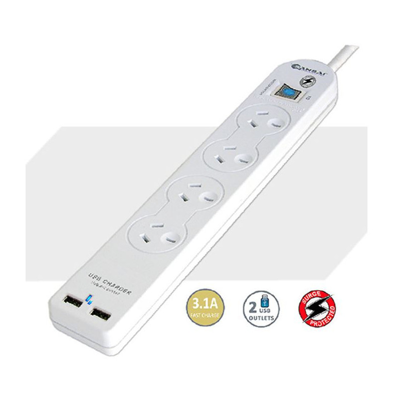 Sansai 4 Way Basic Powerboard USB Ax2 4 Outlets Master Switch Surge and overload protection1M Length
