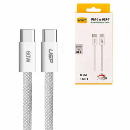 USP BoostUp Braided USB-C to USB-C Cable (0.2M) - White, 3A/60W, 480Mbps, 40K  Bends, Safe & Fast, Apple iPhone, Samsung Gala