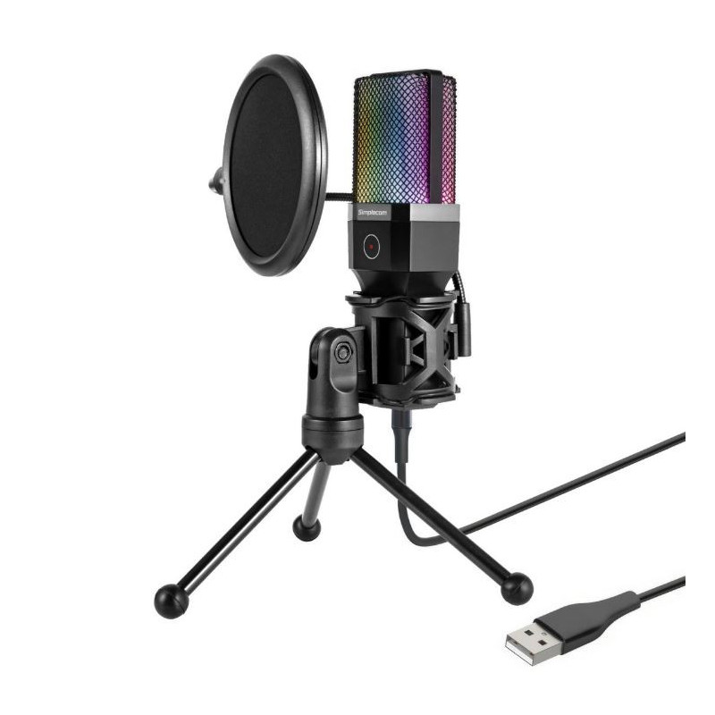 Simplecom UM650 USB Cardioid Condenser Microphone Gaming RGB Lights with Tripod & Pop Filter