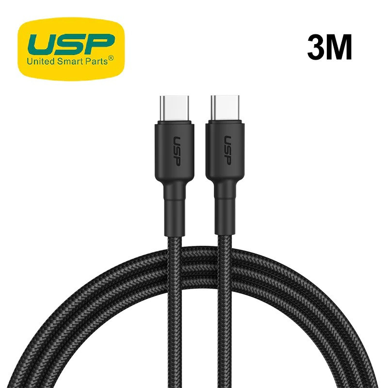 USP BoostUp Cafule Braided USB-C to USB-C Cable (3M) Black - 3A, Strong & Durable, Bend-resistant, Nylon Braid, USB-C Compati