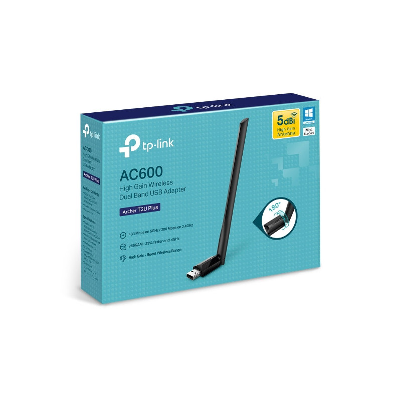 TP-Link Archer T2U Plus AC600 High Gain Wi-Fi Dual Band USB Adapter,433Mbps at 5GHz   200Mbps at 2.4GHz, USB 2.0, 1 high gain