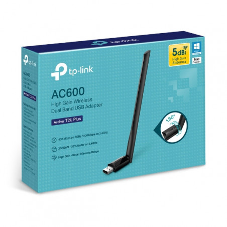 TP-Link Archer T2U Plus AC600 High Gain Wi-Fi Dual Band USB Adapter,433Mbps at 5GHz   200Mbps at 2.4GHz, USB 2.0, 1 high gain