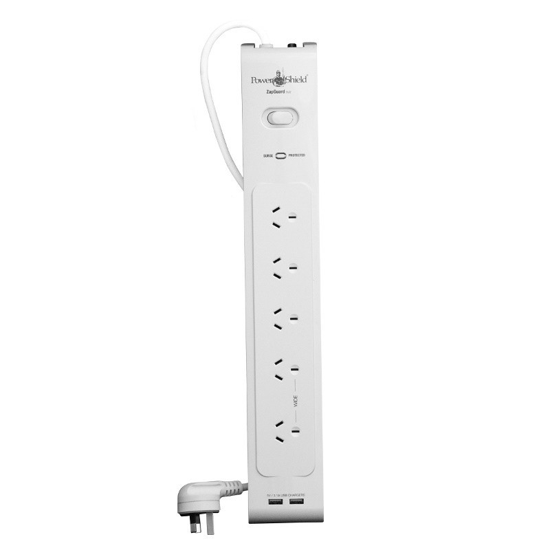 PowerShield PSZ5U2 ZapGuard 5 Way Power Surge Filter Board, 2 x USB Connectors, Wide Spaced Sockets, Wall Mountable, $40,000 
