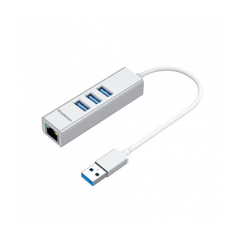Simplecom CHN420 Silver Aluminium 3 Port SuperSpeed USB HUB with Gigabit Ethernet Adapter