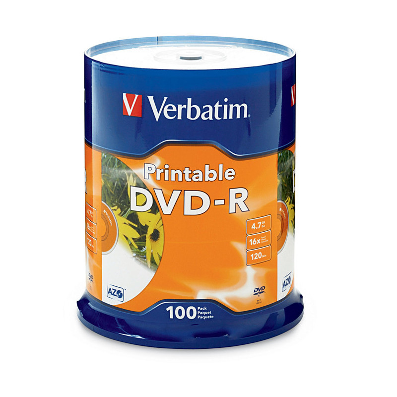 Verbatim DVD-R 4.7GB 100Pk White InkJet 16x, Compatible for Full-Surface, Edge-to-Edge Printing, Superior ink absorption on h
