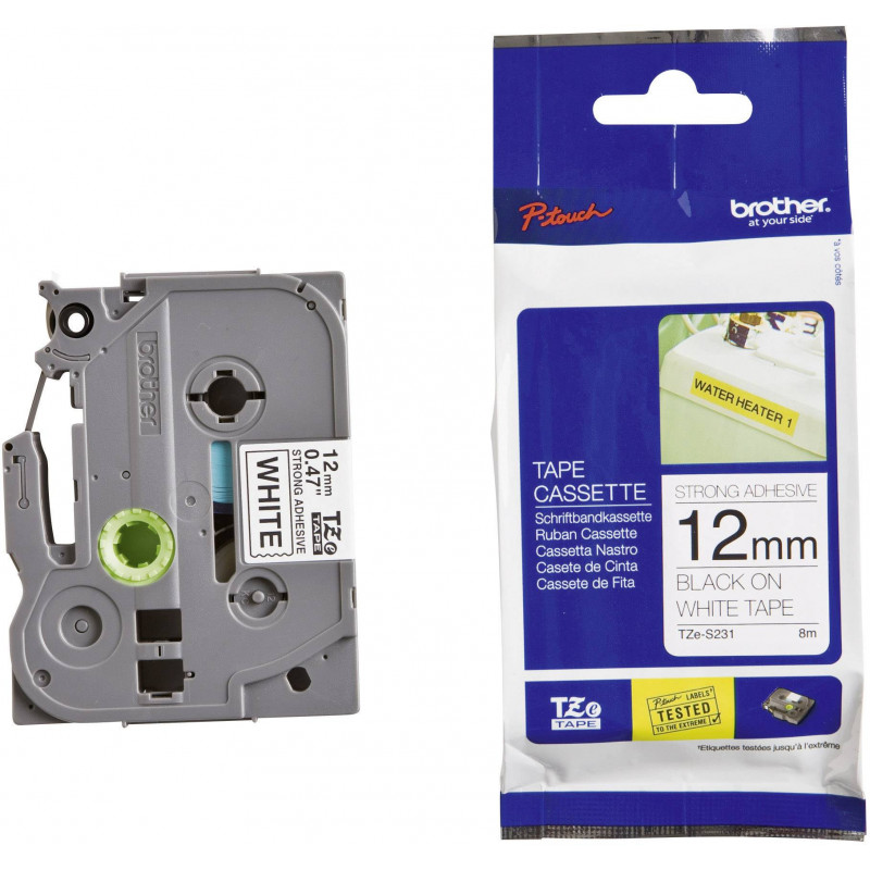 Brother 12mm Black on White Strong Adhesive TZE Tape