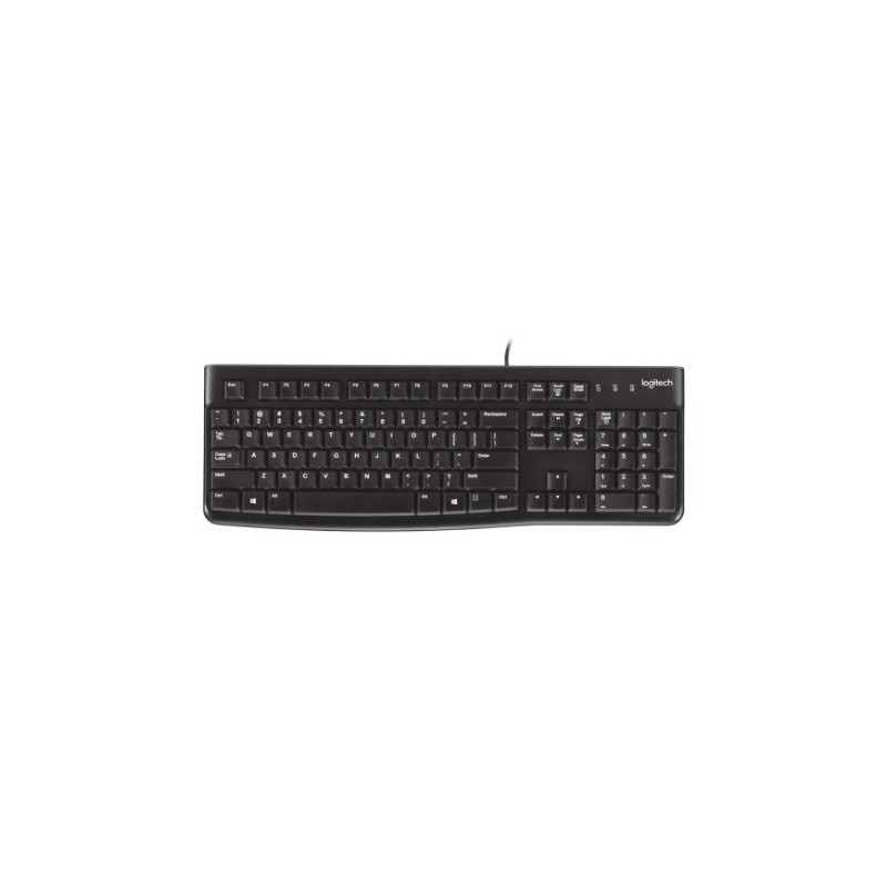 Logitech K120 Wired Keyboard Quiet typing Spill-resistant Durable keys Thin profile Curved space bar Adjustable tilt legs