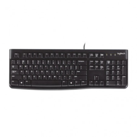 Logitech K120 Wired Keyboard Quiet typing Spill-resistant Durable keys Thin profile Curved space bar Adjustable tilt legs