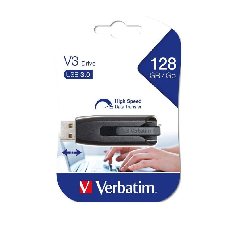 Verbatim Store'n'Go V3 USB 3.2 SuperSpeed Drive 128GB - Backup Storage, Grey, Windows, Mac, Linux Compatible.