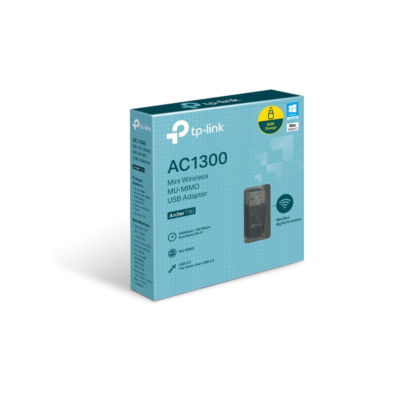 (E)TP-Link Archer T3U AC1300 Mini Wireless MU-MIMO USB Adapter，Mini Size, 867Mbps at 5GHz   400Mbps at 2.4GHz, USB 3.0