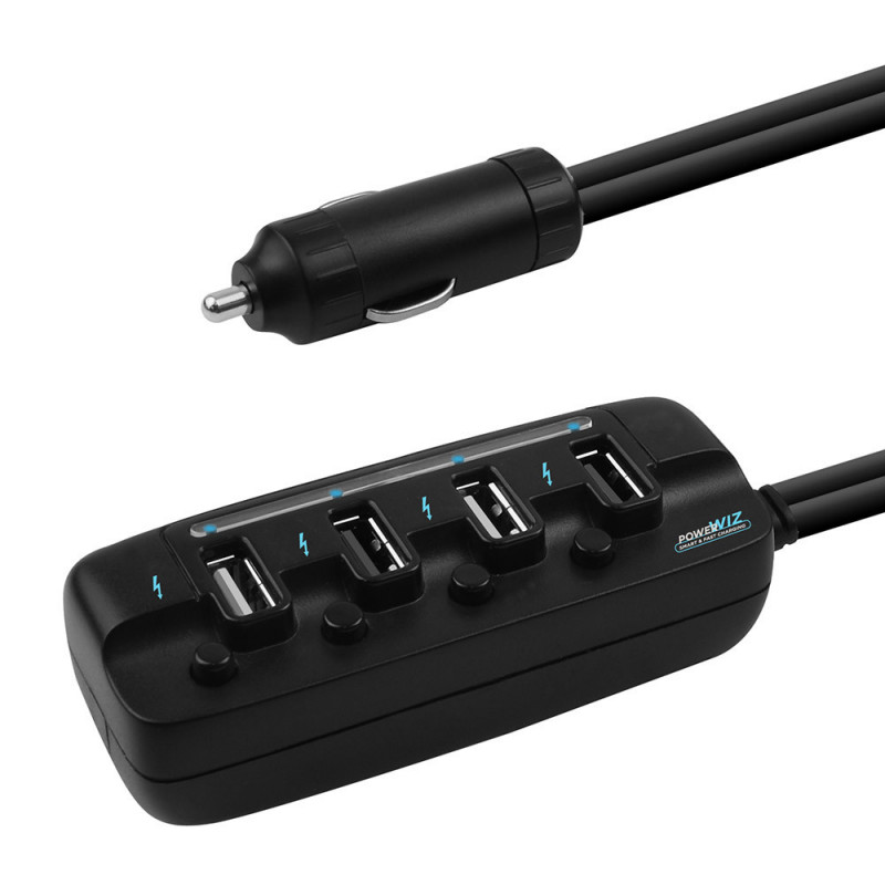 (LS) mbeat® 4 Ports USB Rapid Car Charger - 40W Rapid Smart Charger/Individual ON/OFF switches/90cm Extension Cable Design E