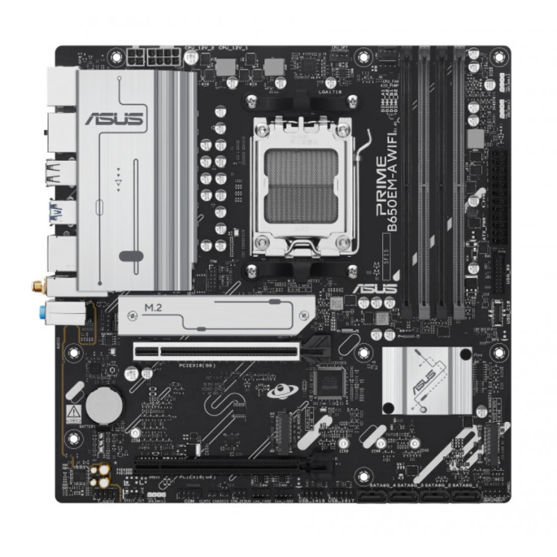ASUS AMD PRIME B650EM-A WIFI (AM5) mATX Motherboard, DDR5 256GB, 1x PCIe 5.0 x16, 3x M.2 slots, 4x SATA, Wi-Fi 6, 2.5Gb LAN, 