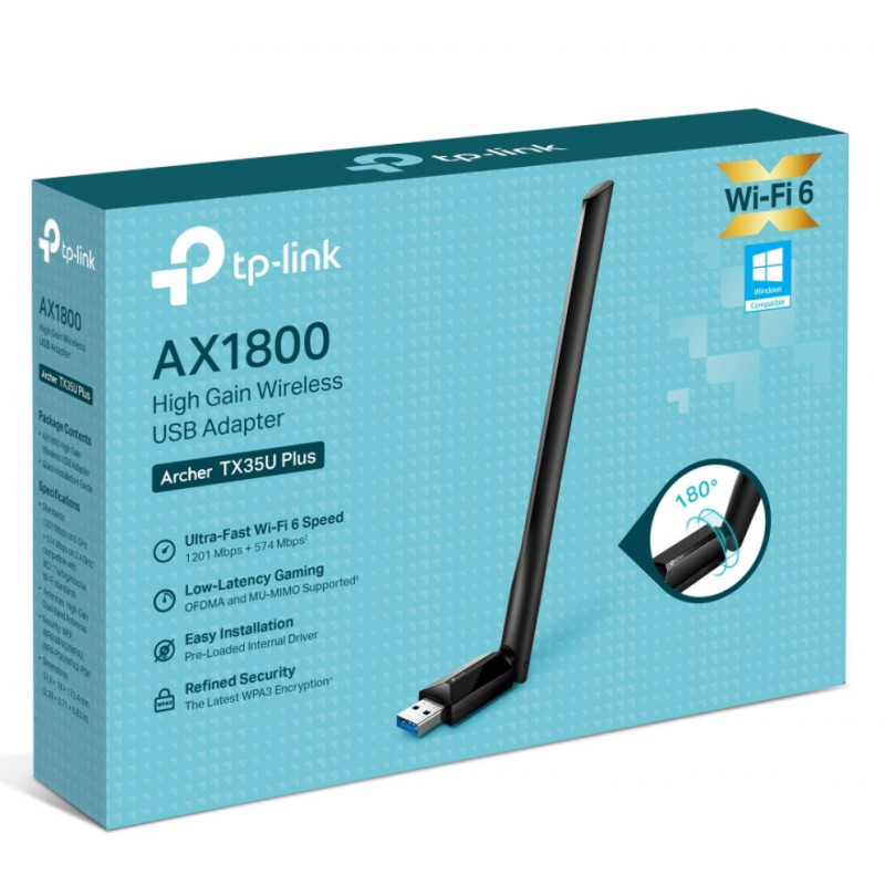 TP-Link Archer TX35U Plus AX1800 High Gain Wireless USB Adapter, 1201 Mbps at 5 GHz   574 Mbps at 2.4 GHz, 1× High Gain Exte