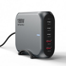 USP 188W GaN 5 Ports USB-C PD Laptop Wall Charger Black - 3x USB-C, 2x USB-A, Efficiently, High Quality, Tablet, Laptop, iPho