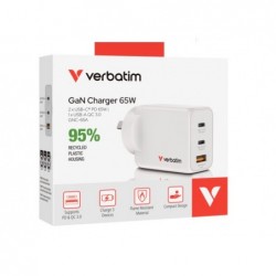 Verbatim 3 Port 65 Watt Portable GaN charger, 2 x USB-C...
